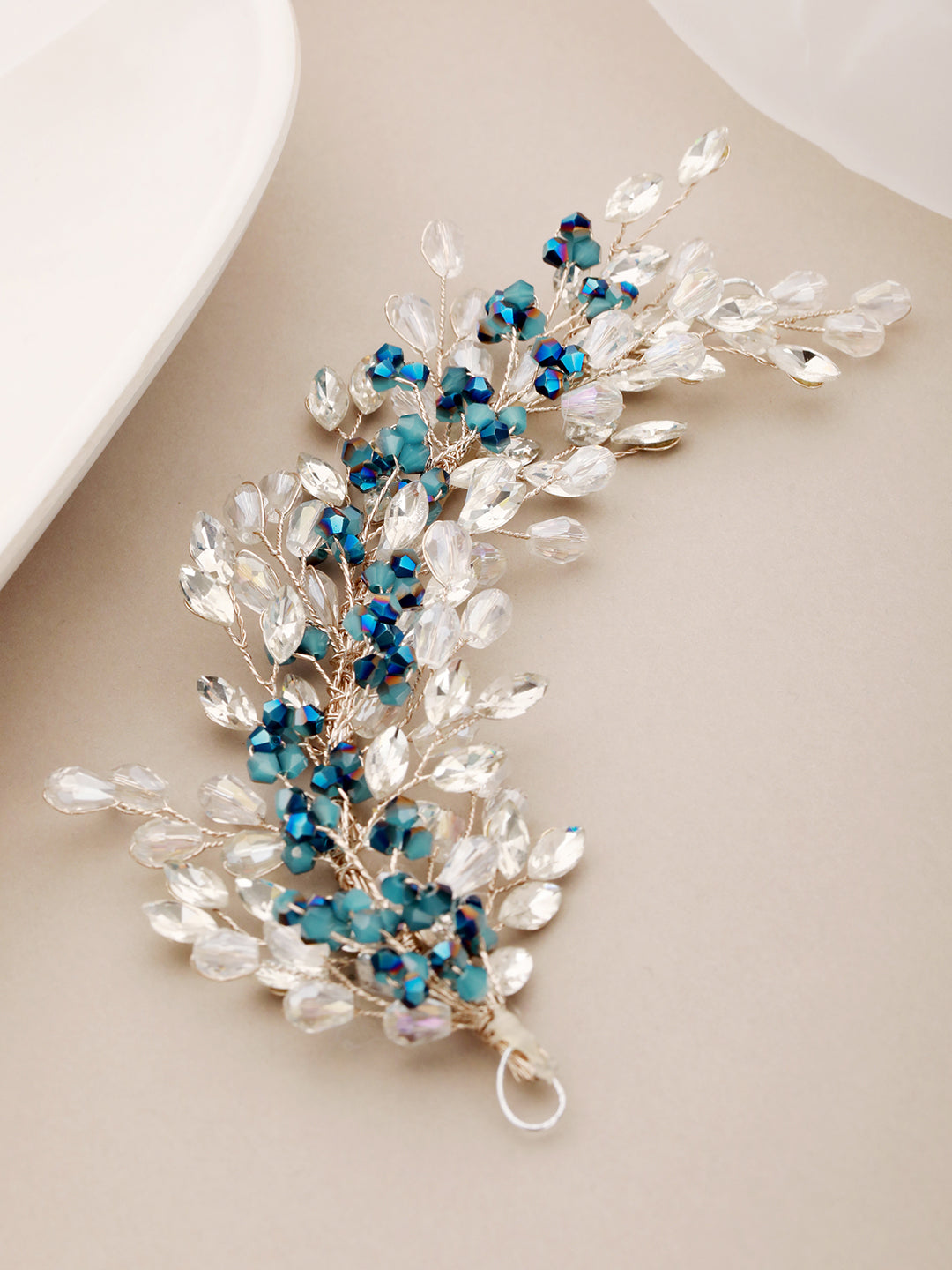 Silver Toned Blue Crystal Beaded Statement Hair Pin